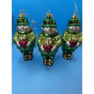 Vintage‎ Irish Snowman Glass Blown Green Ornament Glitter Lot Of 3